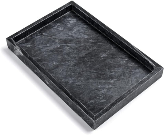 Black Marble Tray, Stone Bathroom Tray, Decorative Holder for Tissrue, Candle, Soap, Towel, Plant (Black - 12 x 8)