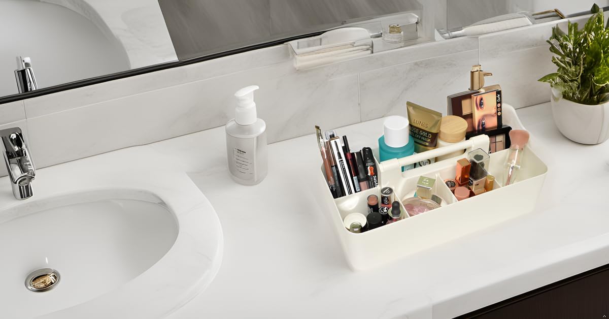 New Plastic Portable Makeup Organizer Caddy Tote Divided Basket Bin with Handle, for Bathroom Storage - Holds Blush Makeup Brushes, Eyeshadow Palette, Lipstick - Extra Large Made In USA (Ivory)