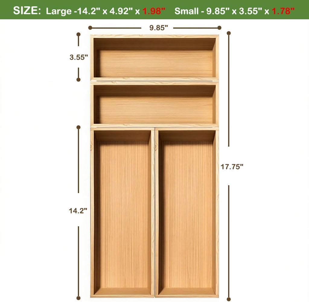 Bamboo Drawer Silverware Organizer, Flatware Organizer, Bamboo Storage Box for Office, Bathroom and other objects storage (large14.2 x5 x2 Small 9.85"x3.55"x1.78"- Set of 4)