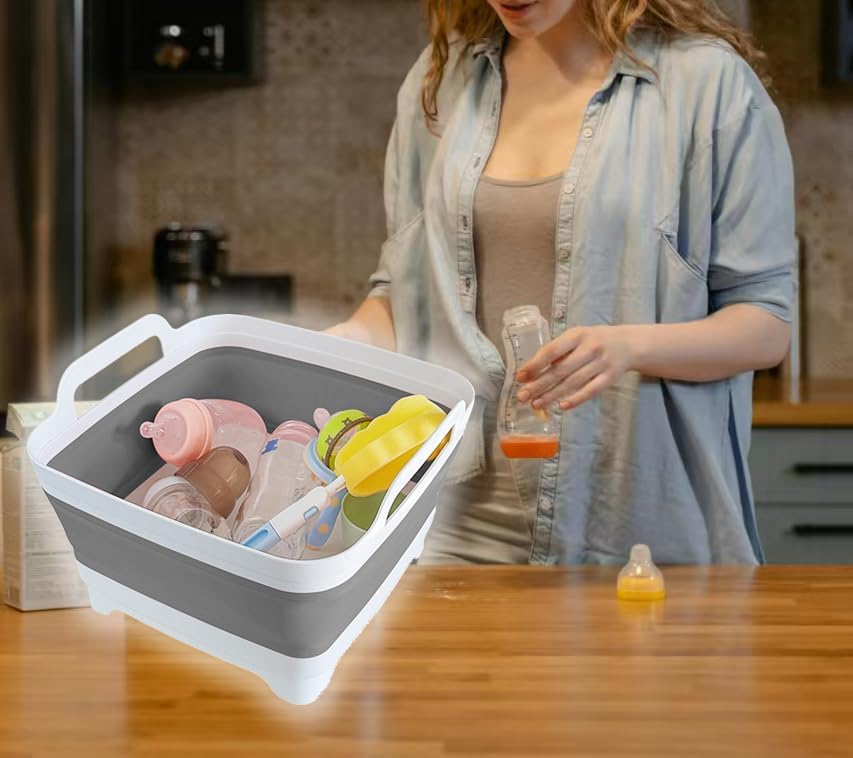 Collapsible Wash Basin for Baby Bottles - 2.4 Gallons Portable Wash Bin for RV Camping Sink, Space-Saving Dish Tub (Gray)