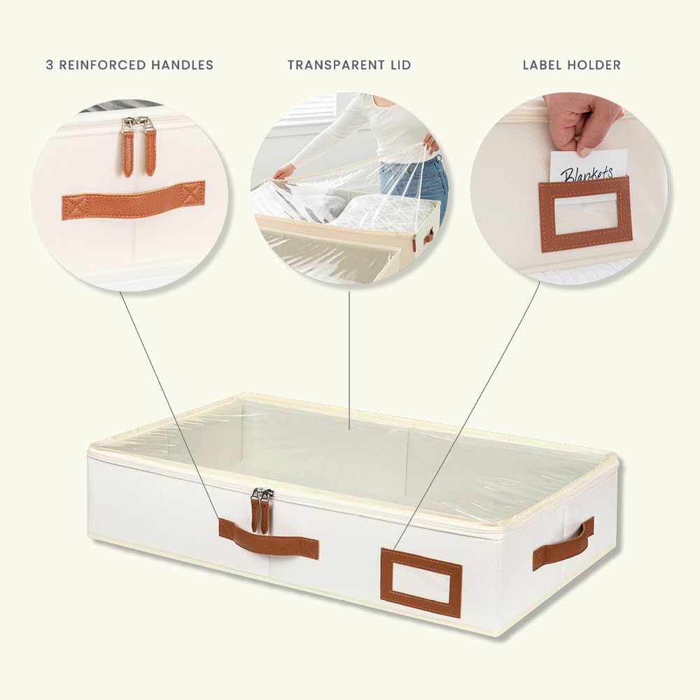 OrganiHaus Under Bed Storage Containers, Bedroom Storage and Organization Bins, Clothes Organizer for Closet with Clear Cover and Reinforced Handles - Set of 2 23.5x12.5x5 inches Off-White