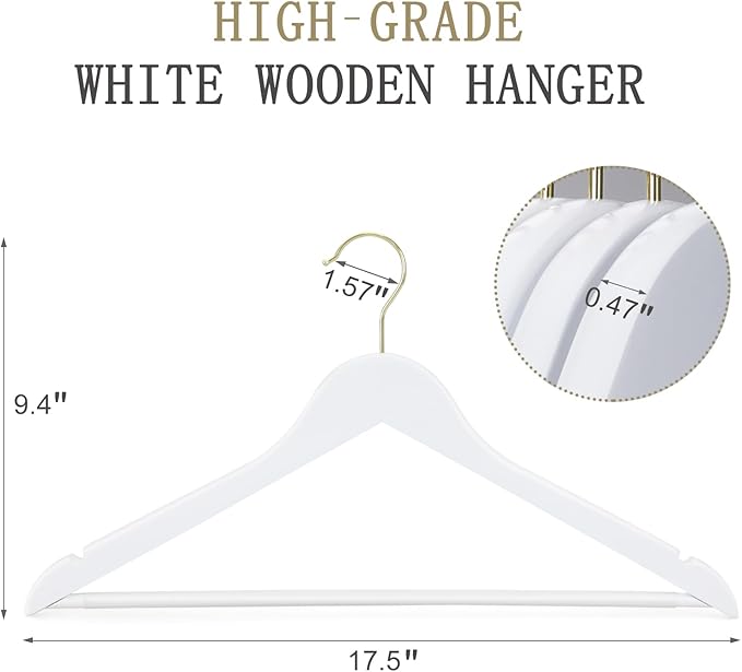 TOPIA HANGER Wooden Hangers 30 Pack, White Wood Coat Hanger with 360° Swivel Gold Hook, Non Slip Pants Bar and Shoulder Notches for Camisole, Jacket, Pants, Smooth Finish Clothes Hangers -CT34WG30