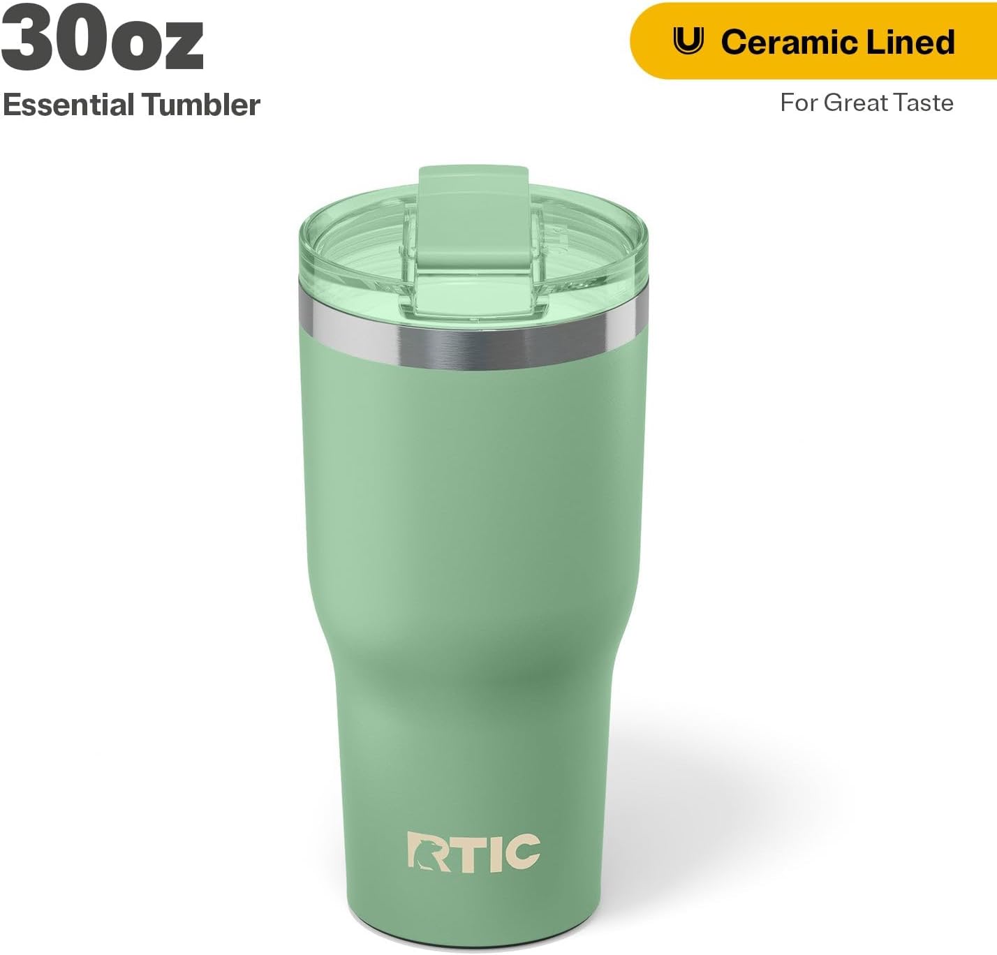 RTIC 30oz Essential Tumbler with Lid, Ceramic Lined, Insulated, Stainless Steel, Metal, Double Wall Vacuum-Insulation, Travel Cup for Iced Coffee, Tea, Hot and Cold Drink, Sage