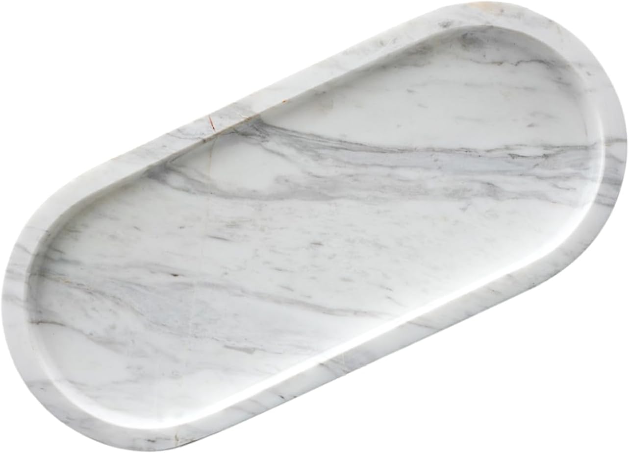 Oval Bathroom Vanity Tray, Large Natural Marble Sink Tray 10 Inch, Volakas White Stone Soap Trays, Modern Perfume Trays, Countertop Organizer for Kitchen, Coffee Table, Home Decor