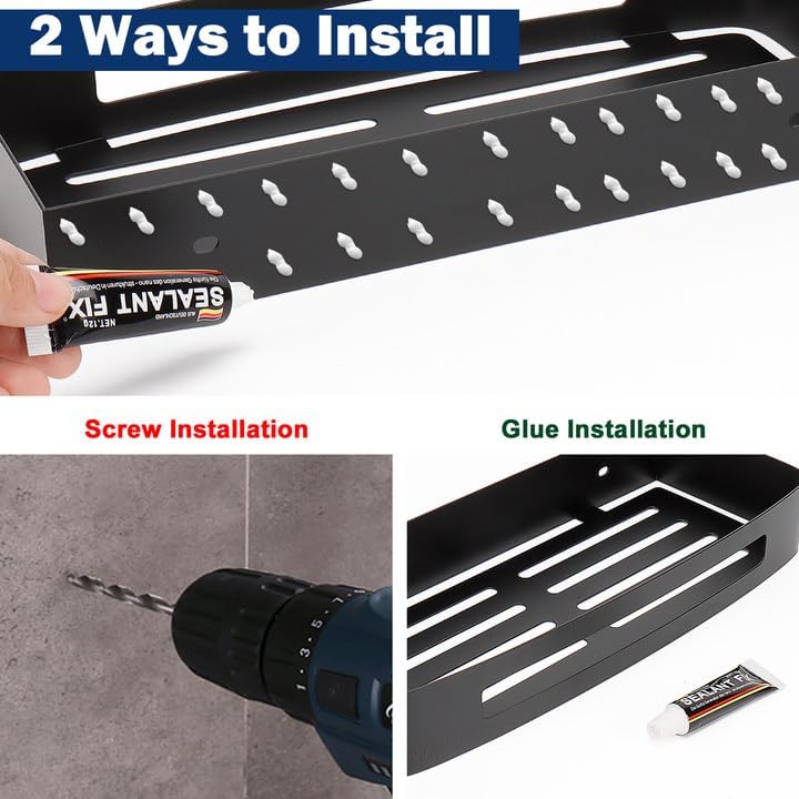 NearMoon Bathroom Shower Caddy 2 Pack, No Drill 304 Stainless Steel Shower Organizer with 2 Hooks (Shower Shelf, Matte Black)