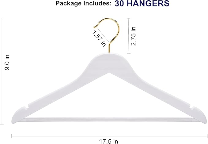 Amber Home 20 Pack Solid Wood Suit Coat Hangers, Smooth White Finish Wooden Dress Hangers with Non Slip Pant Bar, Clothes Hangers with Gold Hook & Notches for Jacket, Pant, Shirt (White+Gold, 20)