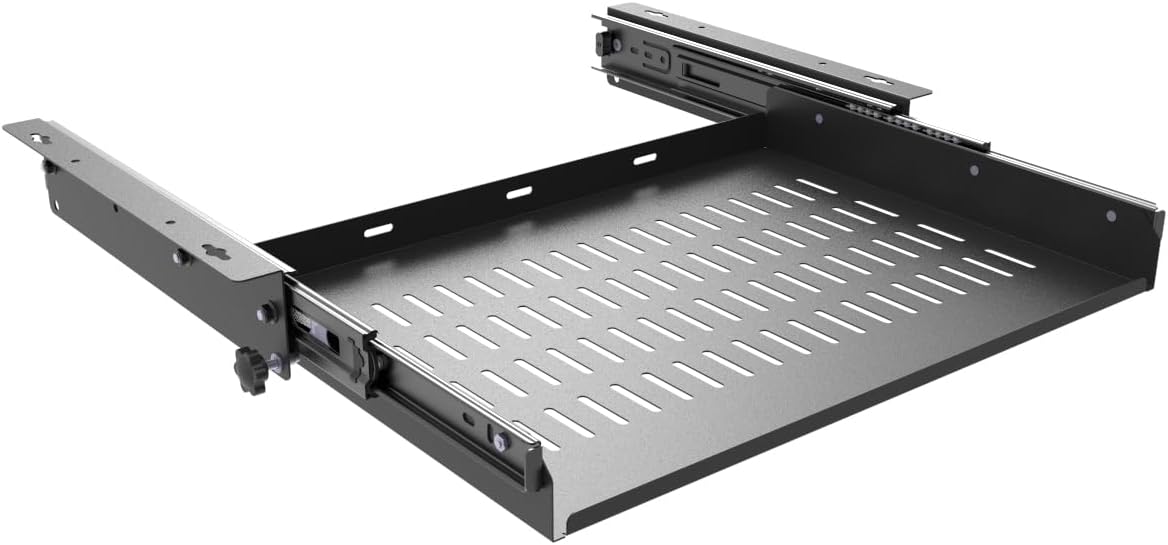 JINGCHENGMEI Sliding Under Desk Laptop Mount Shelf with Air Vents, W 16.3" x D 12" Metal Under Desk Slide Out Tray for Laptop (16 Inch Wide)