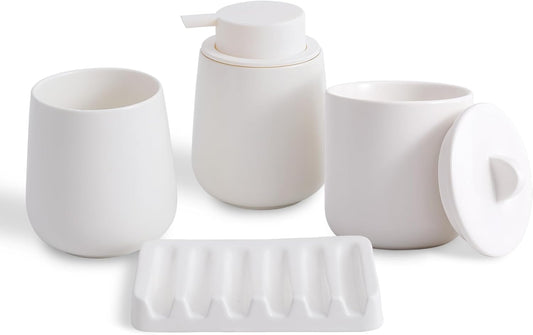 Ceramic Bathroom Accessories Set, Lotion Soap Dispenser and Toothbrush Holder Set, Soap Dish, Apothecary Jars,4 Pieces for Home Modern Bathroom Decor Vanity Countertop(White Set - Liquid)