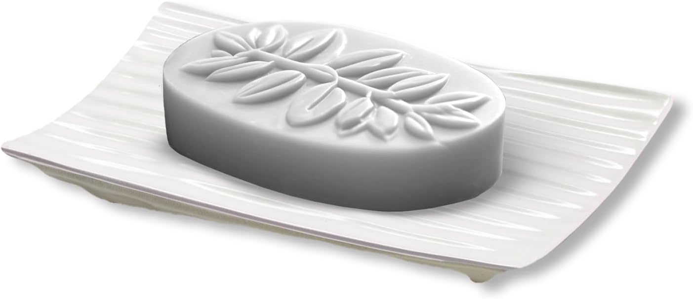 Modern Zen White Soap Dish - 4.9 x 3 Inches - Durable Ceramic Bar Soap Holder with Soap Saver Ridges, Non Slip Feet - Soap Dish for Shower, Bathroom and Kitchen