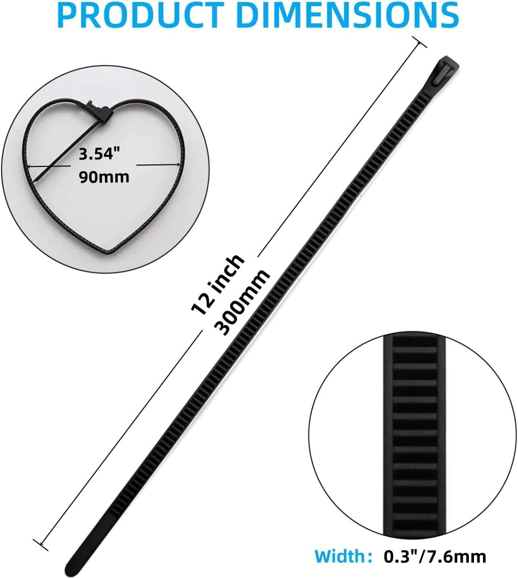 50 Pack 12 Inch Heavy Duty Reusable Zip Ties Black – UV Resistant, 55 LBS Tensile Strength, Weatherproof Cable Ties for Outdoor, Industrial, and Harsh Environments