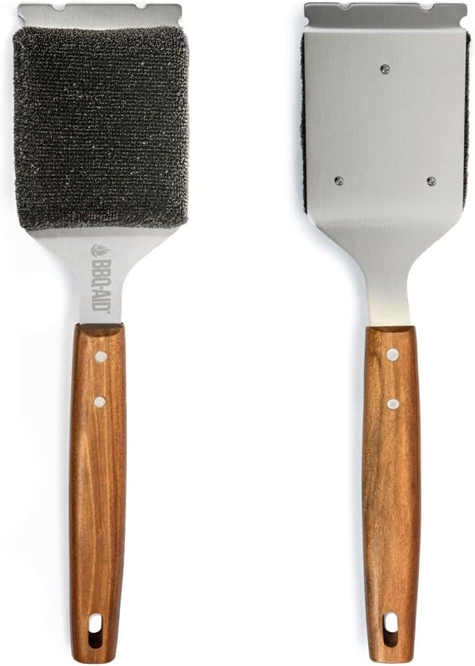 BBQ-AID Bristle Free Grill Brush and Scraper for Barbecue - Extended Large Wooden Handle with Replaceable Head - No Scratch BBQ Cleaning Accessories for Outdoor Grills