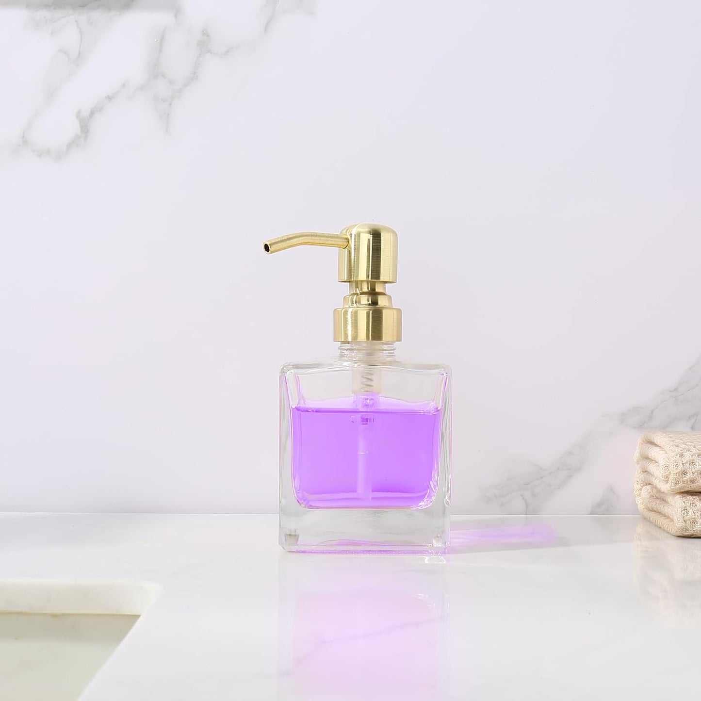 Square Bathroom Soap Dispenser Brushed Gold, Glass Bottles with Stainless Steel Pump 8.4 OZ Cube Liquid Soap Dispenser Hand Kitchen