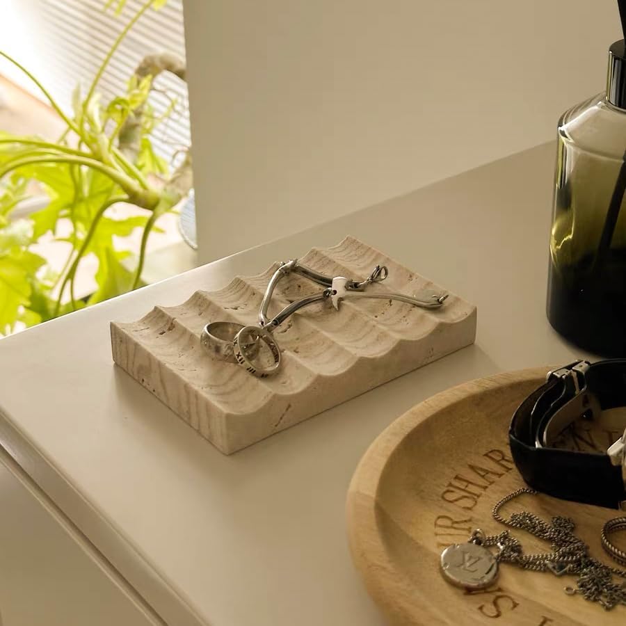 Luxury Travertine Soap Dish Marble Jewelry Ring Tray - Rectangle Marble Soap Tray & - Self Draining Soap Holder for Bathroom, Kitchen, Beige Travertine