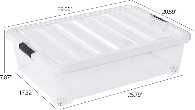 Hespama 3-Pack 50 Quart Plastic Underbed Storage Container Bin, Plastic Latch Box for Under Bed Storage