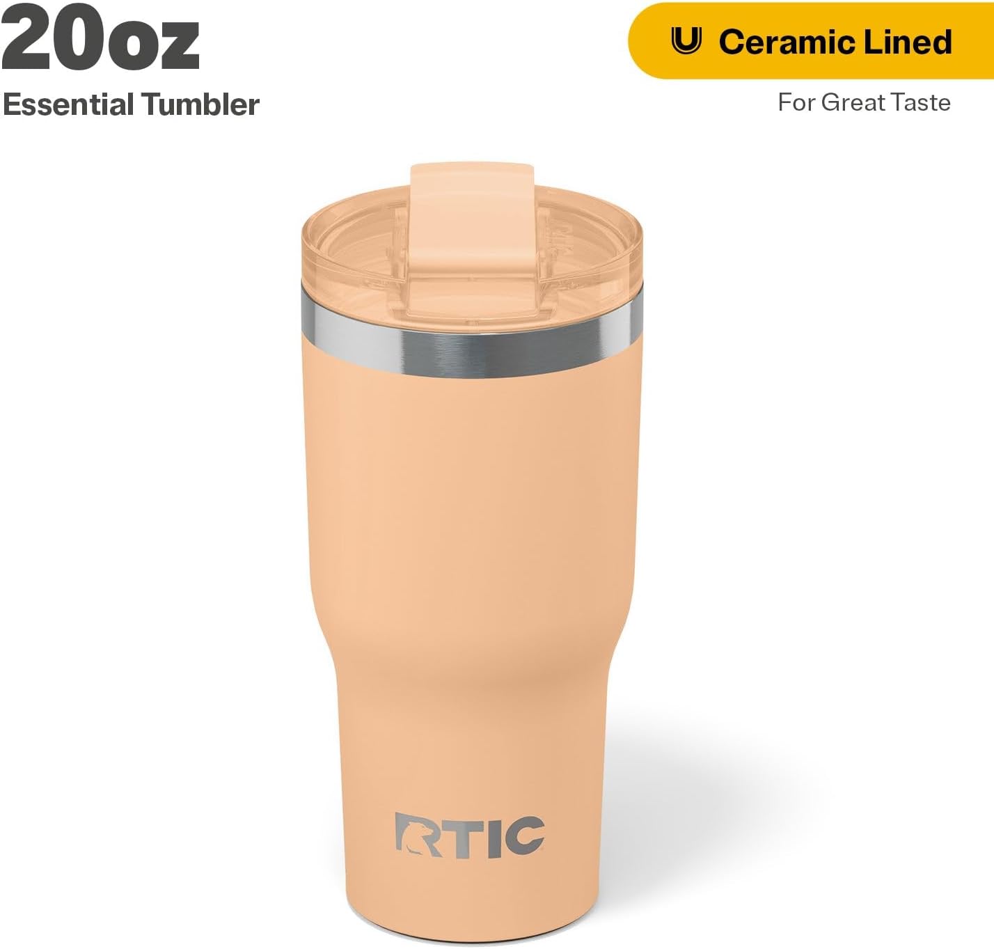 RTIC 20oz Essential Tumbler with Lid, Ceramic Lined, Insulated, Stainless Steel, Metal, Double Wall Vacuum-Insulation, Travel Cup for Iced Coffee, Tea, Hot and Cold Drink, Peach Tea