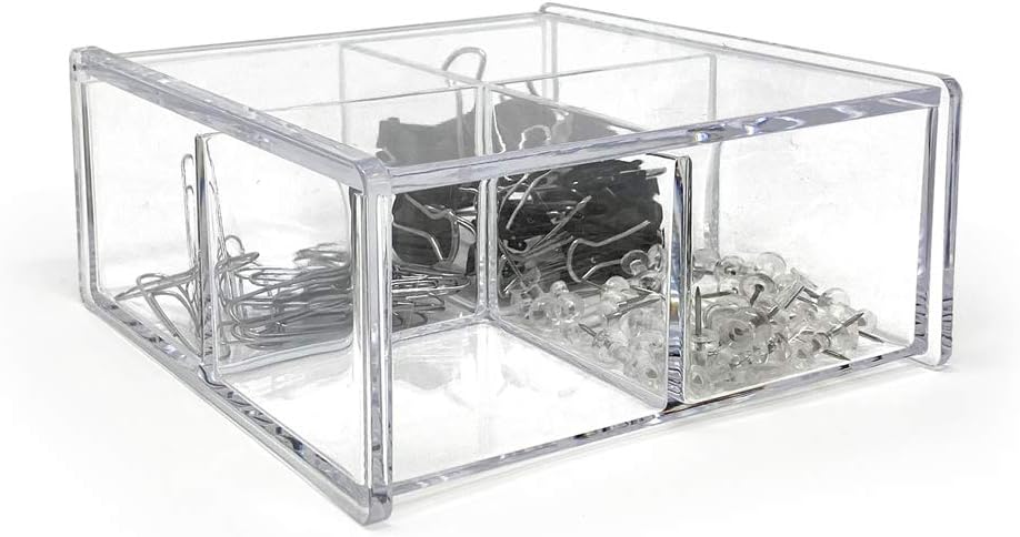 Isaac Jacobs 4-Compartment Square Clear Acrylic Organizer with Lid (5.75" L x 5.75" W x 2.75" H), Multi-Sectional Tray, Stackable, Storage Solution for School, Craft, Office Supplies, Kitchen & More