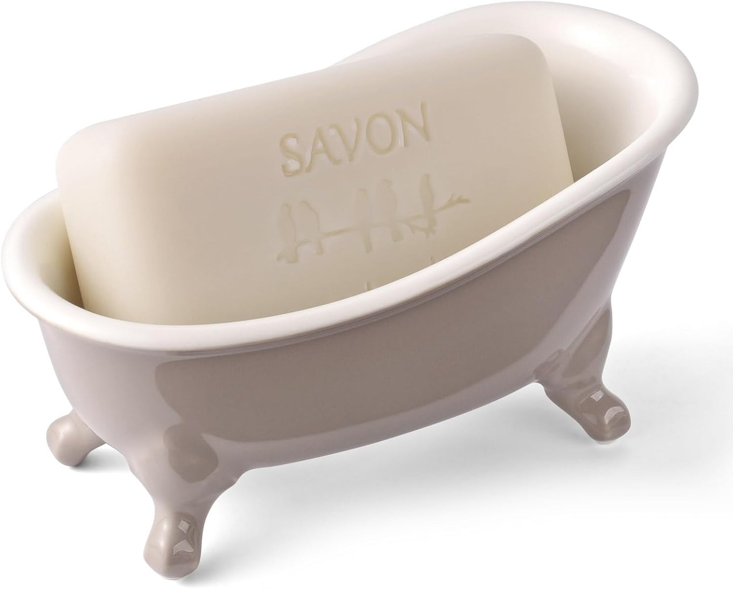 6.1" Vintage Ceramic Mini Decorative Clawfoot Bathtub Bar Soap Dish, Kitchen Sponge Holder and Shower Tray for Bathroom, 1 Pack (Taupe)