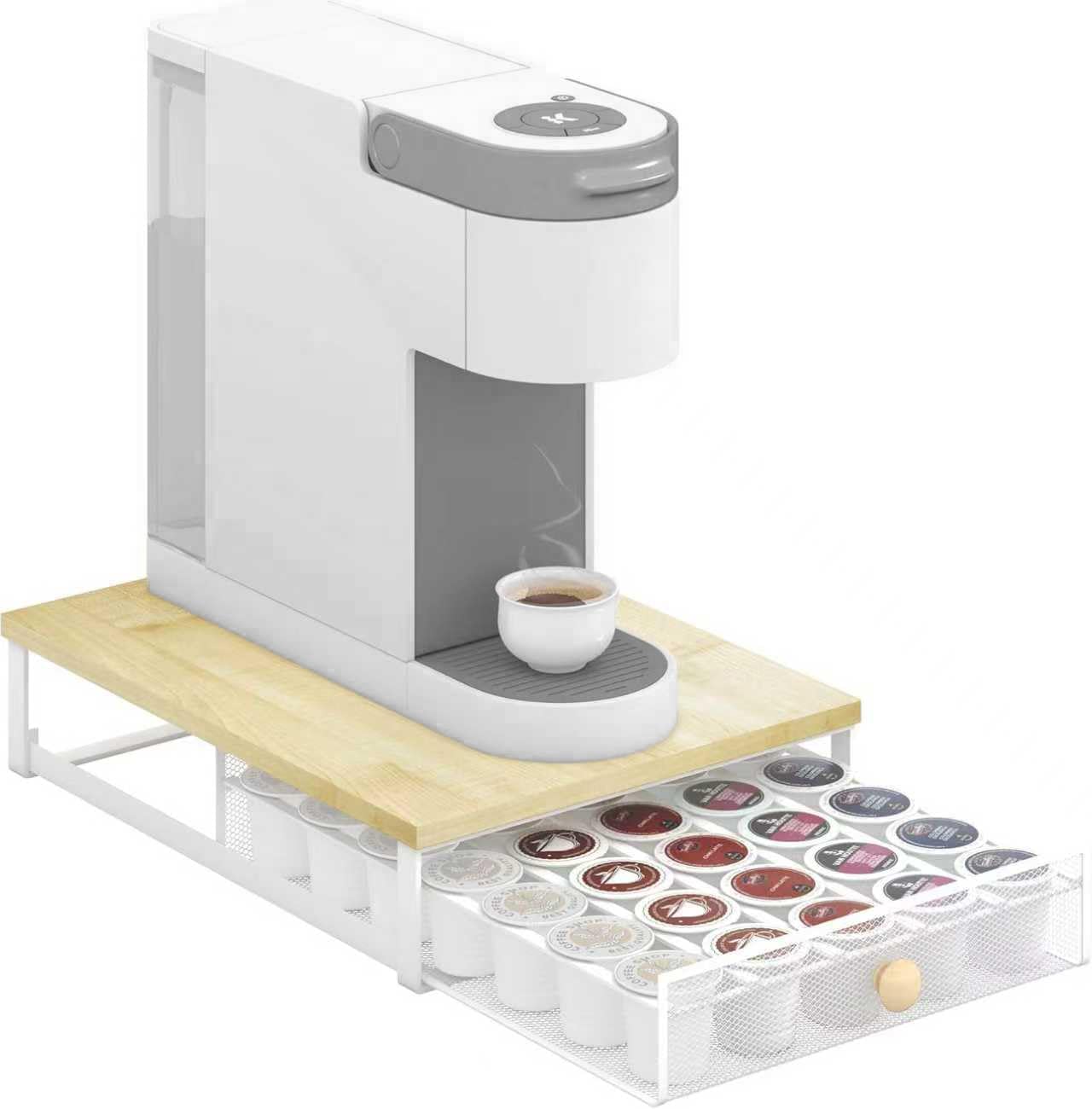 Coffee Pod Holder Counter Coffee Vertuo Capsules Storage Organizer with Sliding Drawer Compatible For 35 K-Cup Pods No Assembly Needed Natural Colour