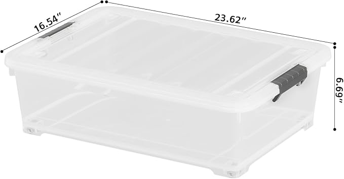 25 Quart Clear Plastic Latch Storage Box with Wheels, Under Bed Storage Box, 3 Pack
