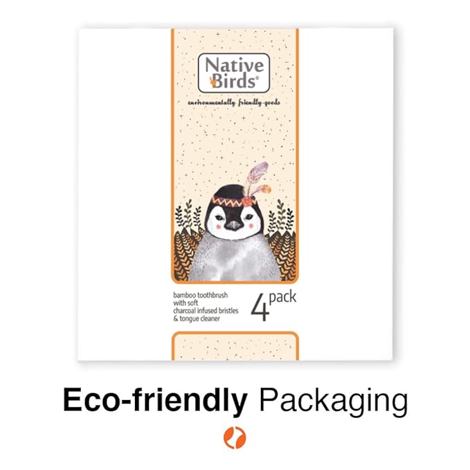 Bamboo Toothbrush with Soft Charcoal Infused Bristles, New Set of 4 Eco Friendly Toothbrushes, BPA Free and Tongue Scraper