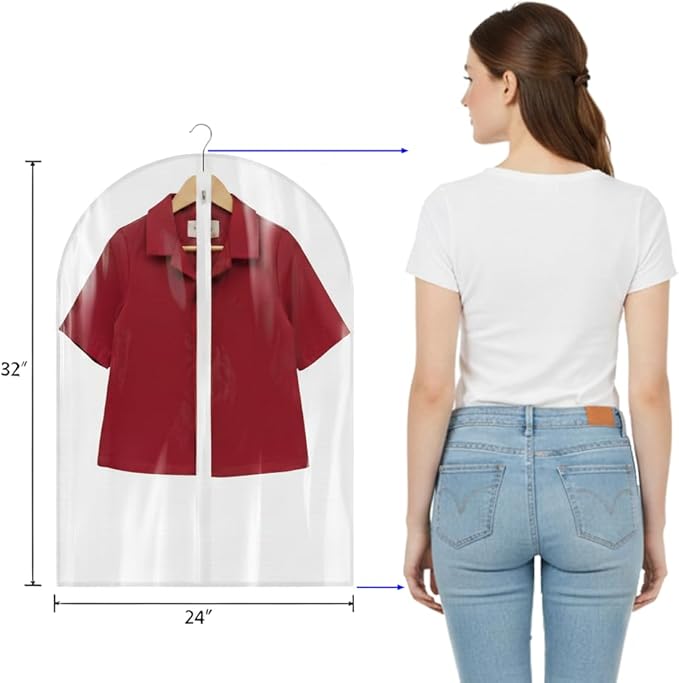 All Clear Garment Bags for Travel - 32” PEVA Waterproof Suit Cover with Zipper for Hanging Clothes, Shirts, Sweaters - Durable Dresser for Closet Storage, Dustproof & Moisture Resistant - 32”/6 Pack