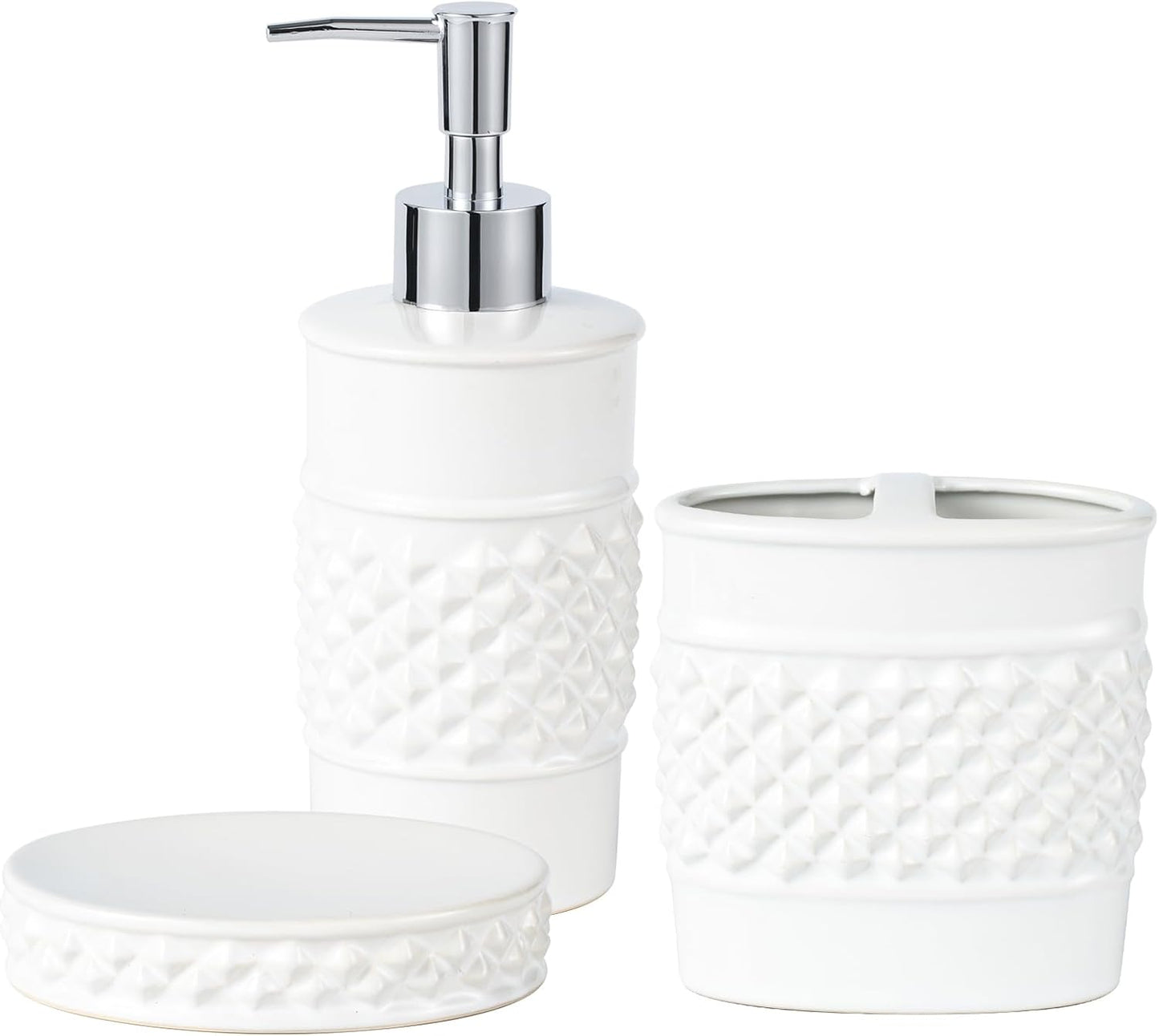 3-Piece White Ceramic Bathroom Accessories Set - Luxurious Soap Dispenser, Toothbrush Holder & Soap Dish with Modern Geo Embossed Design for Bathroom Accessory Set