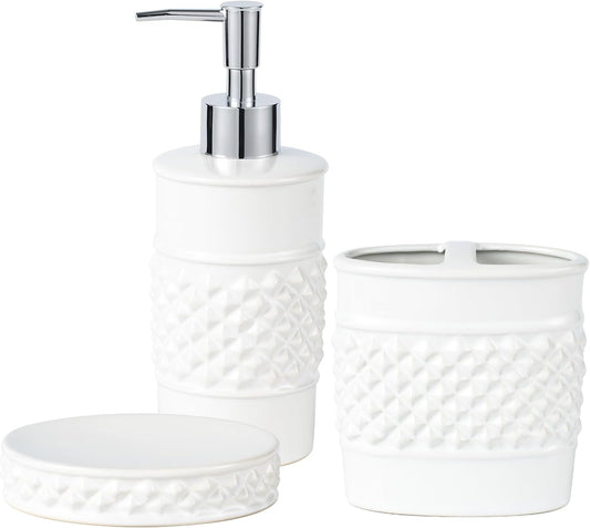 3-Piece White Ceramic Bathroom Accessories Set - Luxurious Soap Dispenser, Toothbrush Holder & Soap Dish with Modern Geo Embossed Design for Bathroom Accessory Set