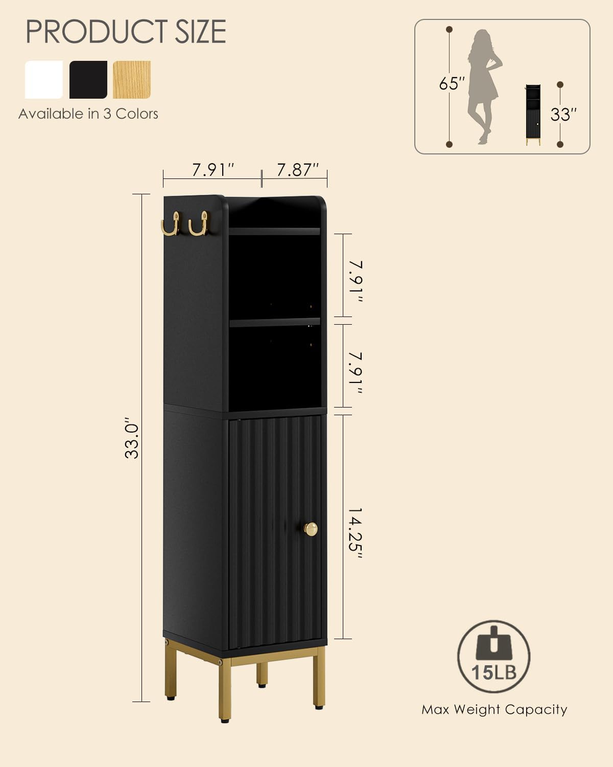 Bathroom Storage Cabinet, Small Corner Floor Hutch with Door and Shelves, Narrow Toilet Paper Cabinet, Bathroom Organizer with Adjustable Shelf, for Small Spaces (Modern-Wave, Black)