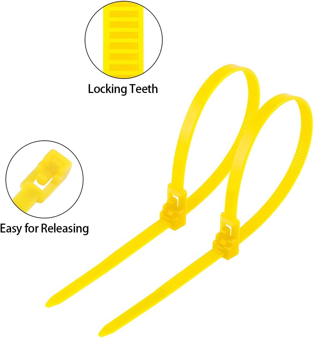 250 Count 10 Inch Reusable Cable Ties Yellow – Heavy Duty Releasable Zip Ties, 36 LBS for Electronics, Gardening, and Multi-Purpose Bundling