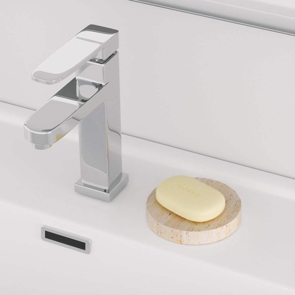 WORHE Marble Soap Dishes Natural Travertine Stone Sponge Holder for Bathroom Tub Shower Kitchen Sink, Handcraft Round Soap Case Trinket Plate Jewelry Tray Coaster for Home Decor Color Beige (WH046)