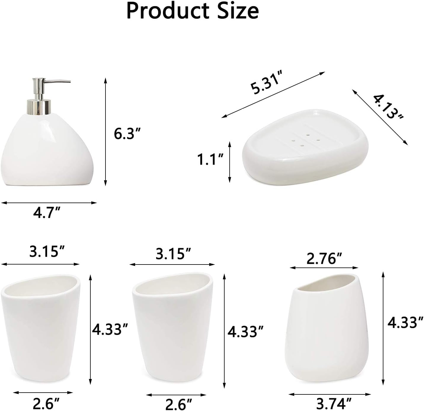 White Ceramic Bathroom Accessory Set, Bathroom Vanity Countertop Set, Bathroom Soap Dispenser and Toothbrush Holder Set Complete, 2 Tumbler Cup, Soap Dish, 5 Pieces
