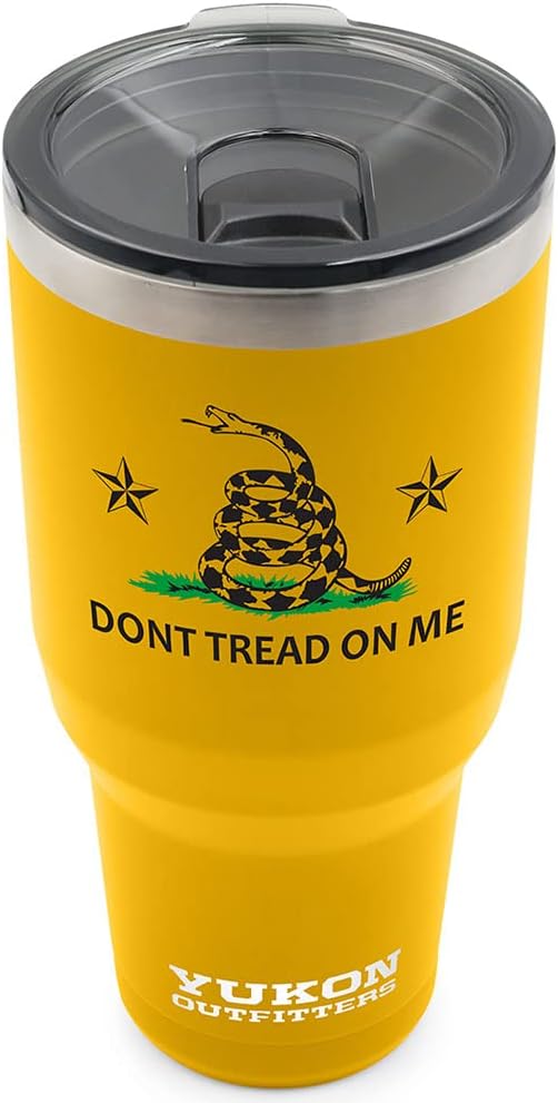 Yukon Outfitters Freedom High Grade 18/8 Stainless Steel Double Wall Vacuum Insulated Tumbler (40oz / 1183ml) - 8.8" H x 4.2" Top Dia. / 3" Bottom Dia., Gold with 'Don't Tread on Me' printed logo