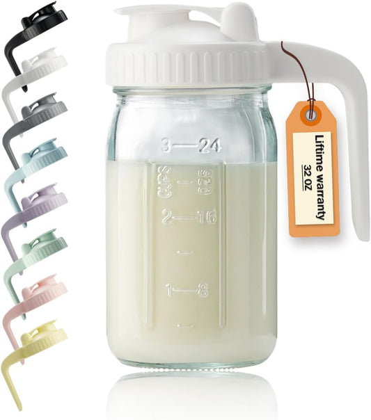 32oz Glass Pitcher with Lid & V-shaped Pour Spout - 1 Quart Breastmilk Pitcher Double Leak Proof, Creamer Container for Sun Tea, Juice, Cold Brew Coffee, Breastmilk Storage Container