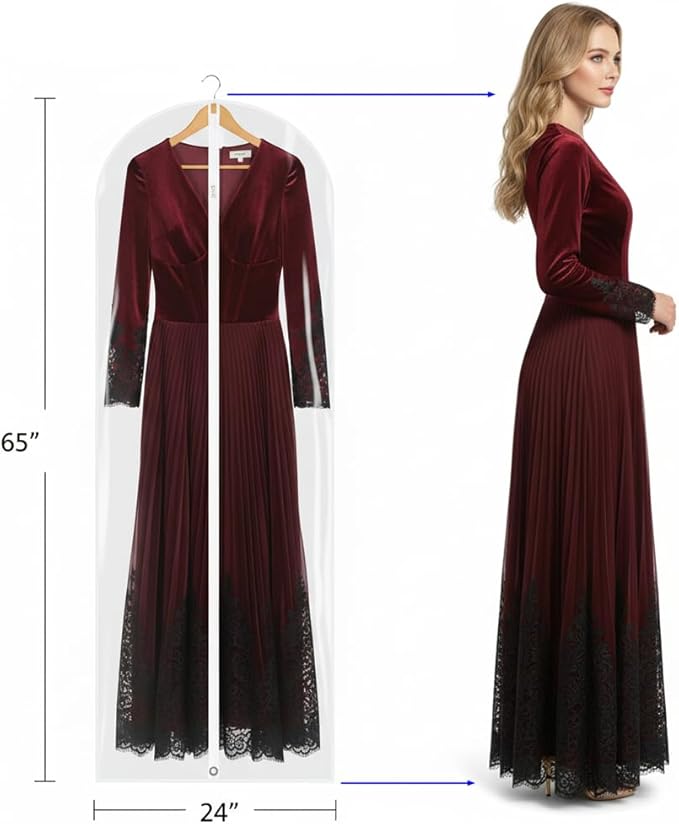 65” All Clear Dress Bags for Travel - PEVA Waterproof Fordable Cover with Zipper for Hanging Clothes, long Dress - Durable Dresser for Closet Storage, Dustproof & Moisture Resistant - 65”/4 Pack