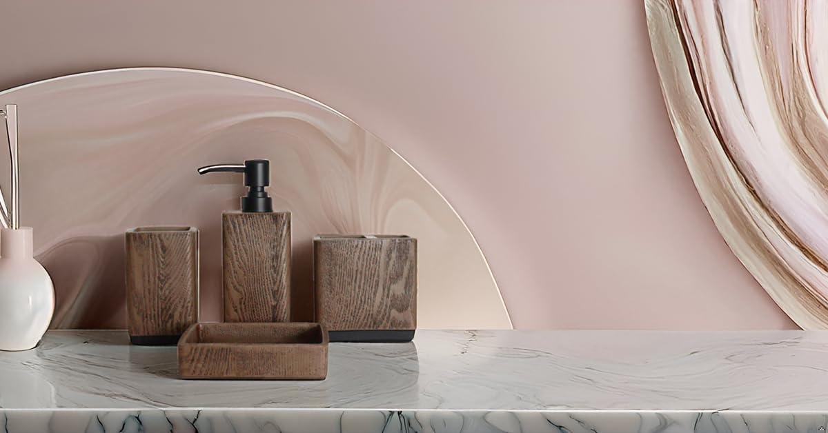 Hymmah Wood Grain Design Bathroom Accessories Set,Farmhouse Bathroom Decor,4 Pcs Resin Gift Set Apartment Necessities, Contain Cotton Swab Jar,Soap Dispenser,Tumbler，Soap Dish/Tray