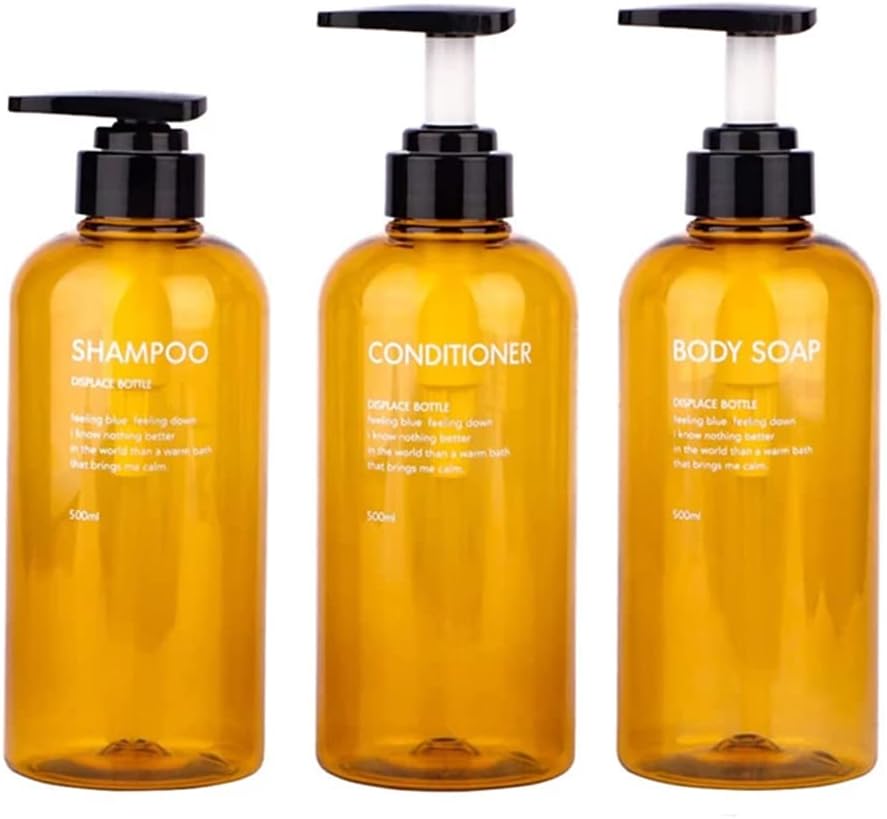 3 Pack Shampoo Bottle Pump Dispenser, 500ml Empty Plastic Soap Dispenser Bottle with Pump for Bathroom, Kitchen or Hotel, Refillable Dispenser for Lotion, Shower Gel and Conditioner (Amber-FBM)