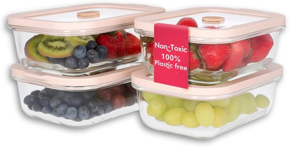 Ziruma Non-Toxic 2.6 Cup Glass Food Storage Containers With Lids - Soup Containers with Lids, Plastic Free Meal Prep, Airtight Food Container, Microwave and Freezer Safe, 4 Pack