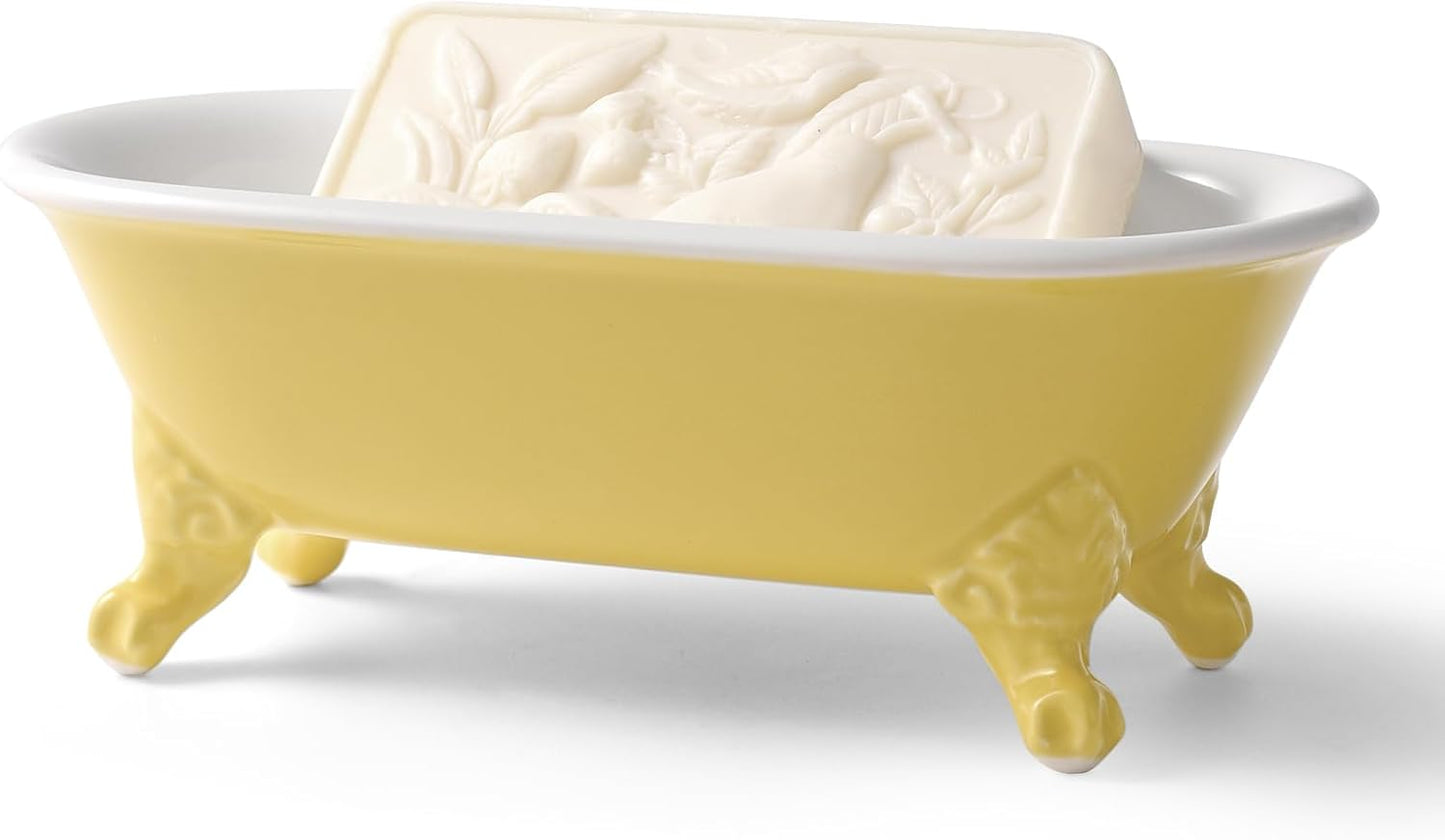 6.5" Ceramic Mini Decorative Clawfoot Bathtub Bar Soap Dish, Kitchen Sponge Holder and Shower Tray for Bathroom, 1 Pack(Yellow)