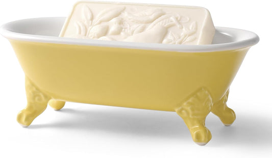 6.5" Ceramic Mini Decorative Clawfoot Bathtub Bar Soap Dish, Kitchen Sponge Holder and Shower Tray for Bathroom, 1 Pack(Yellow)