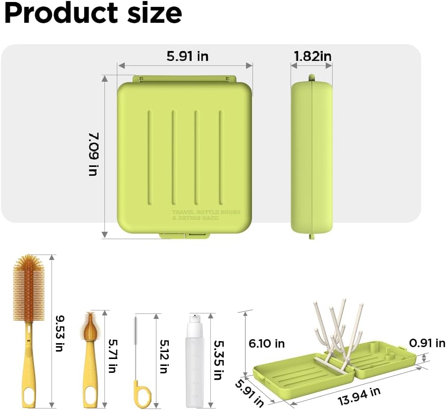 YOTIME Travel Bottle Brush, Travel Bottle Cleaner Kit with Foldable Bottle Drying Rack, for Visit Friends and Relations, Baby Travel Essentials, BPA Free, Green