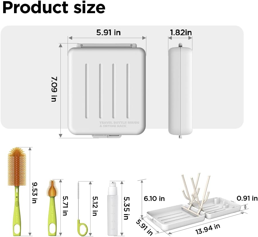 YOTIME Travel Bottle Brush, Travel Bottle Cleaner Kit with Foldable Bottle Drying Rack, for Visit Friends and Relations, Baby Travel Essentials, BPA Free, White
