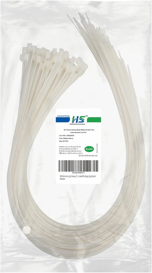 HS Extra Long Heavy Duty Zip Tie Straps (50 Pack) Thick 0.35 Inch Plastic Duct Zip Ties Heavy Duty 200 Pounds Clear,White Large Zip Ties 36 Inch for HVAC,Travel,Packaging,Vessel