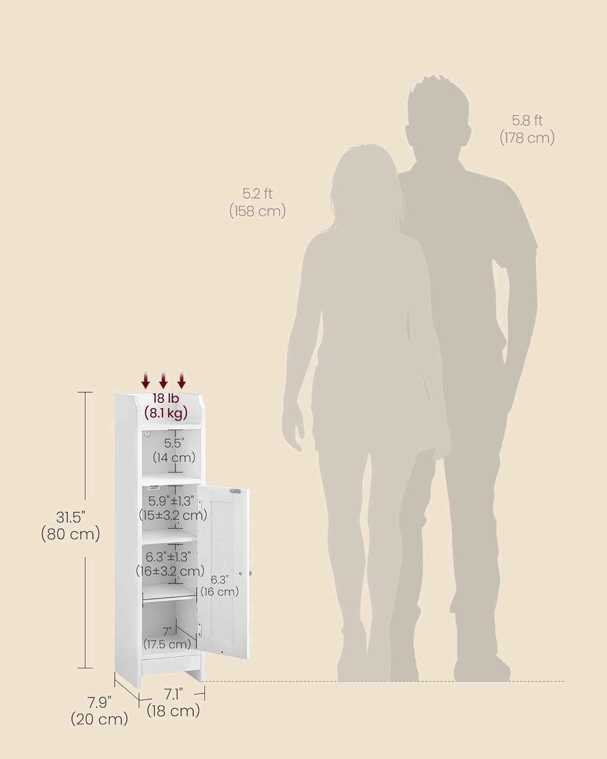 VASAGLE Small Storage Corner Floor Cabinet with Door, 7.9 x 7.1 x 31.5 Inches, Narrow Toilet Paper Storage Holder, Adjustable Shelves, for Bathroom, Living Room, Small Spaces, Cloud White UBBC310W01