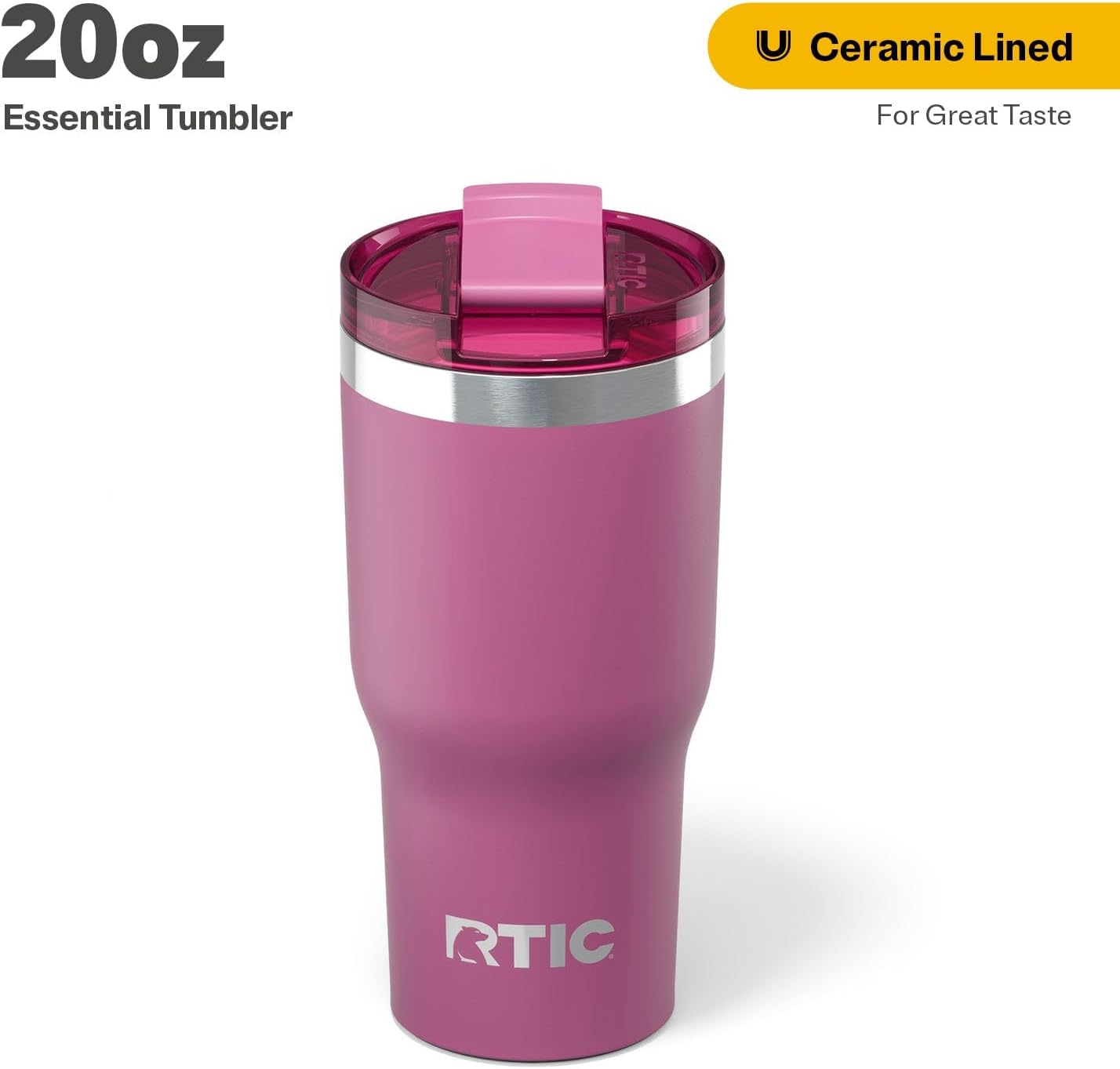 RTIC 20oz Essential Tumbler with Lid, Ceramic Lined, Insulated, Stainless Steel, Metal, Double Wall Vacuum-Insulation, Travel Cup for Iced Coffee, Tea, Hot and Cold Drink, Orchid