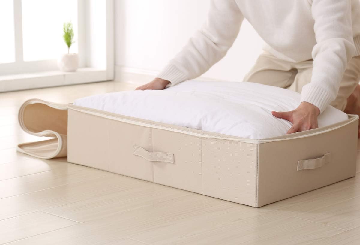 iwill CREATE PRO Pack of 2, Collapsible Rigid Storage Baskets for Underbed Organizer, Good for Clothing, Shoes, Bedding in Wardrobe, College Dormitory, Apartment Shelves Use, Beige