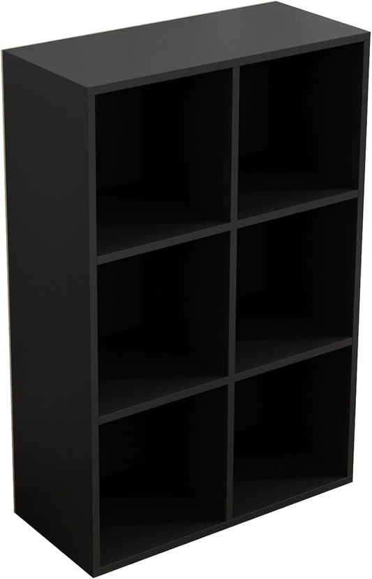 6-Cube Storage Shelf Bookcase - Wooden 3-Tier Floor Standing Open Bookshelf for Home and Office, Display Cabinet, Black