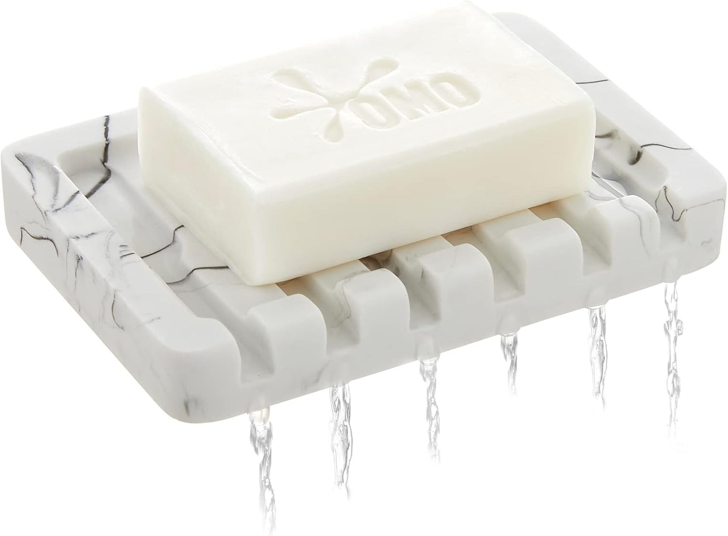 Self Draining Soap Dish - Marble Look Soap Holder Tray Savers Box Container Sponge Holder for Bathroom Shower Kitchen, White