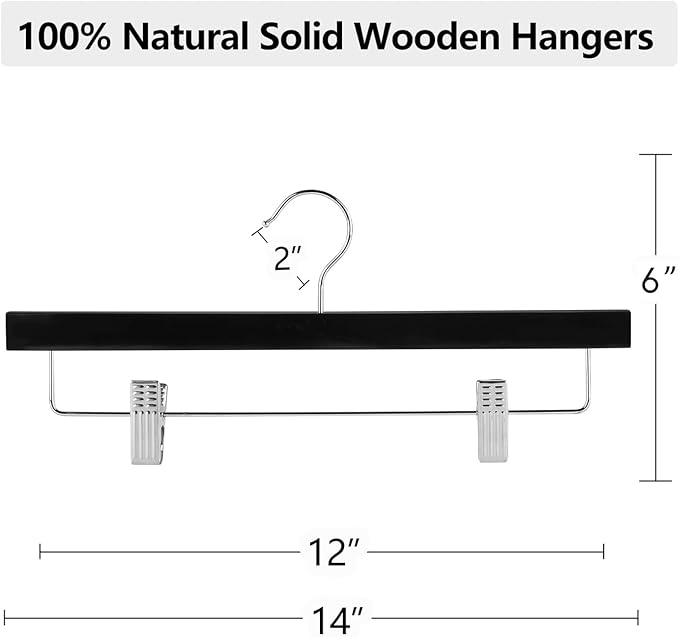 AMKUFO 20pcs Wooden Pants Hangers Solid Pants Hangers with Adjustable Clips 14 Inch Black Wood Skirt Hangers Trousers Bottom Hangers with Non-Slip Clips and 360° Swivel Hook