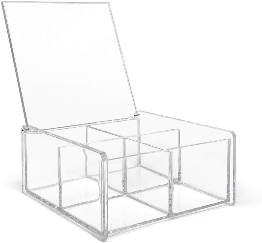 Isaac Jacobs 4-Compartment Square Clear Acrylic Organizer with Lid (5.75" L x 5.75" W x 2.75" H), Multi-Sectional Tray, Stackable, Storage Solution for School, Craft, Office Supplies, Kitchen & More