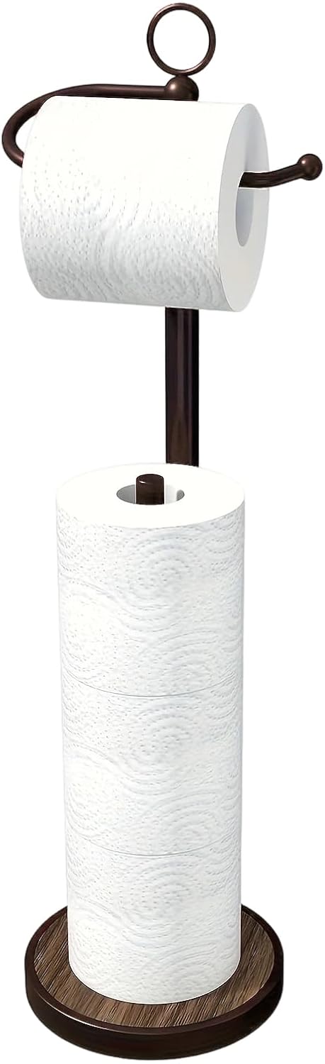 Toilet Paper Holder Free Standing with Storage 4 Rolls Stainless Steel Toilet Paper Holder Stand with Weighted Wood Grain Base Space-Saving Tissue Roll Holders for Bathroom Oil Rubbed Bronze